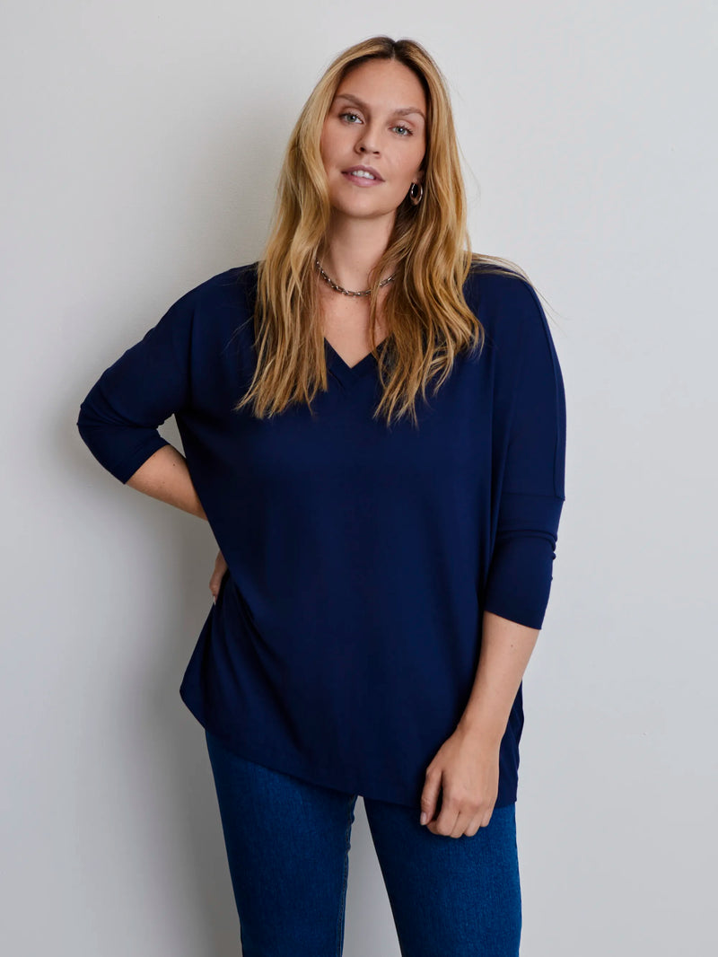 Plus size navy jersey V-neck top