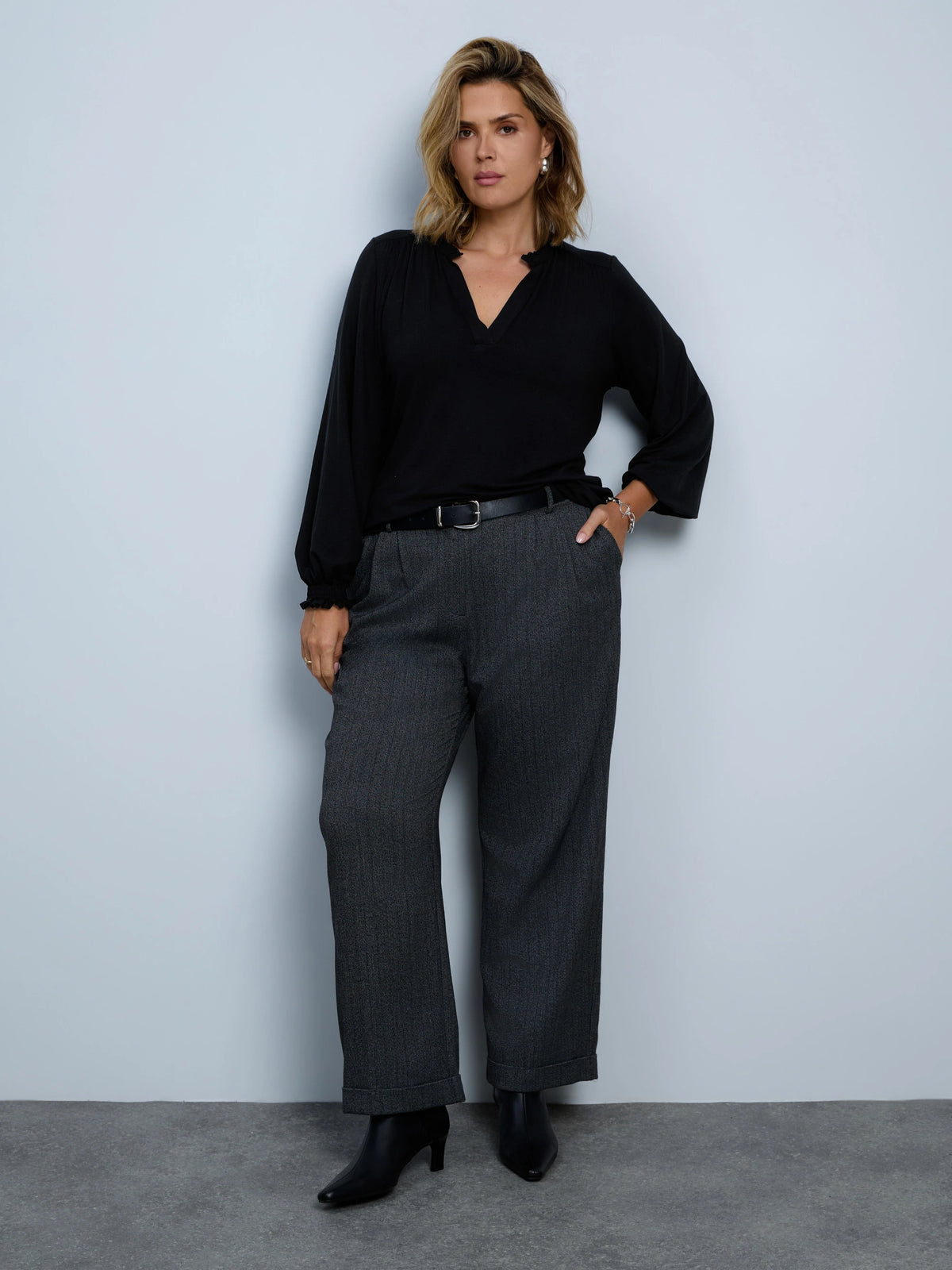 Black Jersey Ruffle Neck Long Sleeve Top