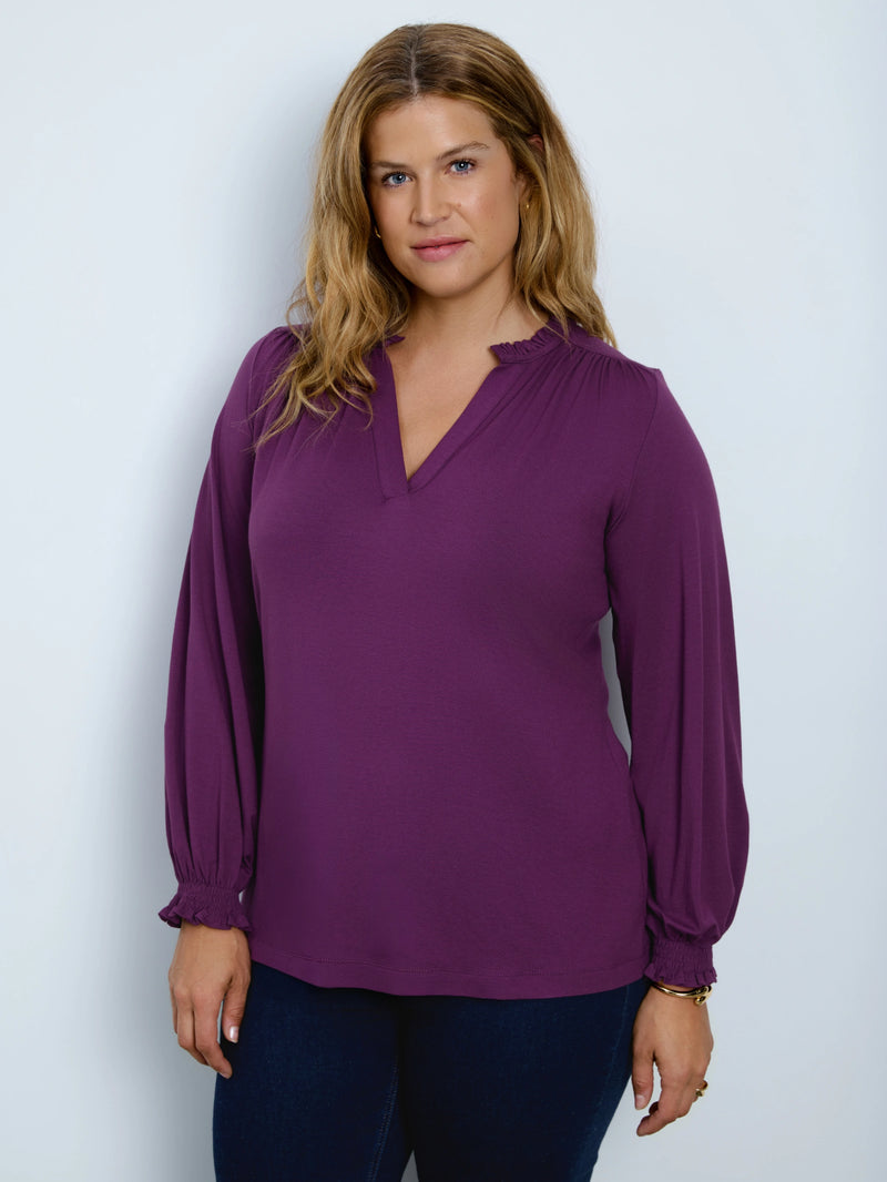 Purple Jersey Ruffle Neck Long Sleeve Blouse