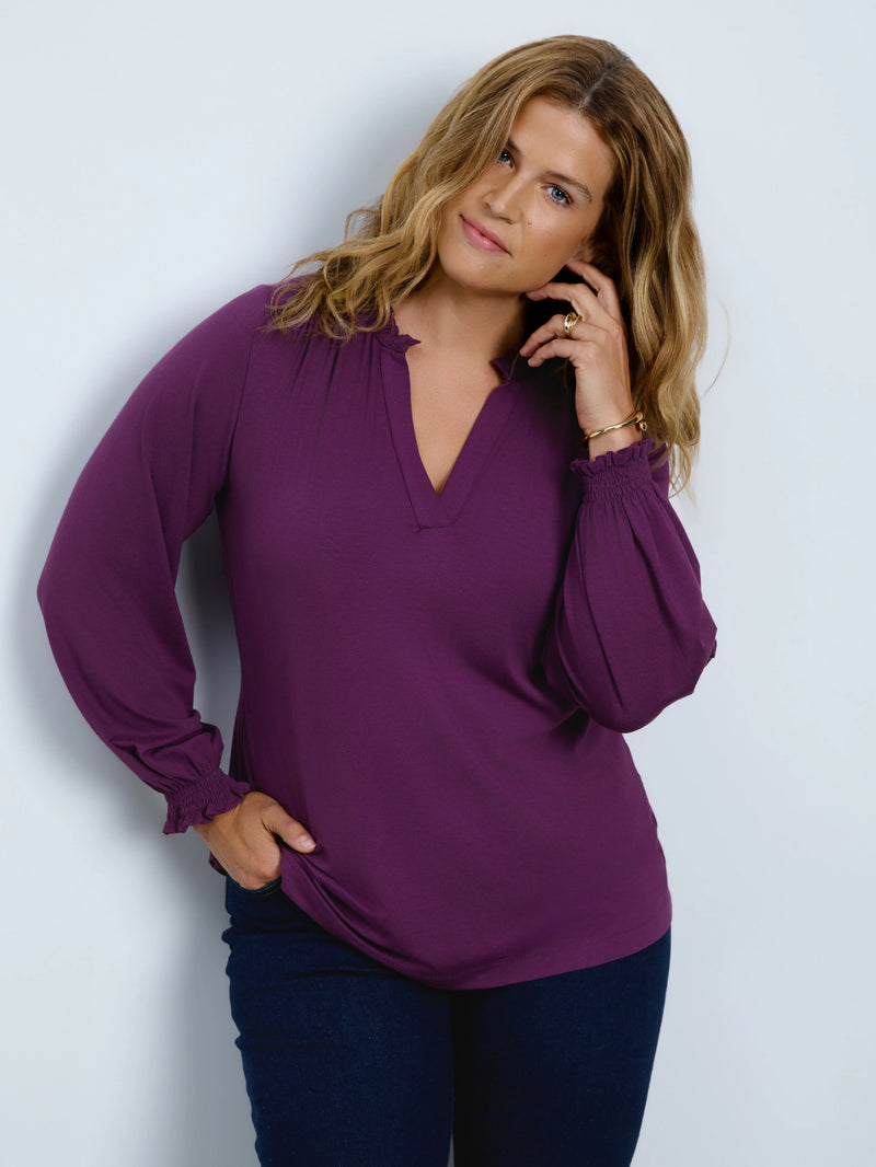 Purple Jersey Ruffle Neck Long Sleeve Blouse