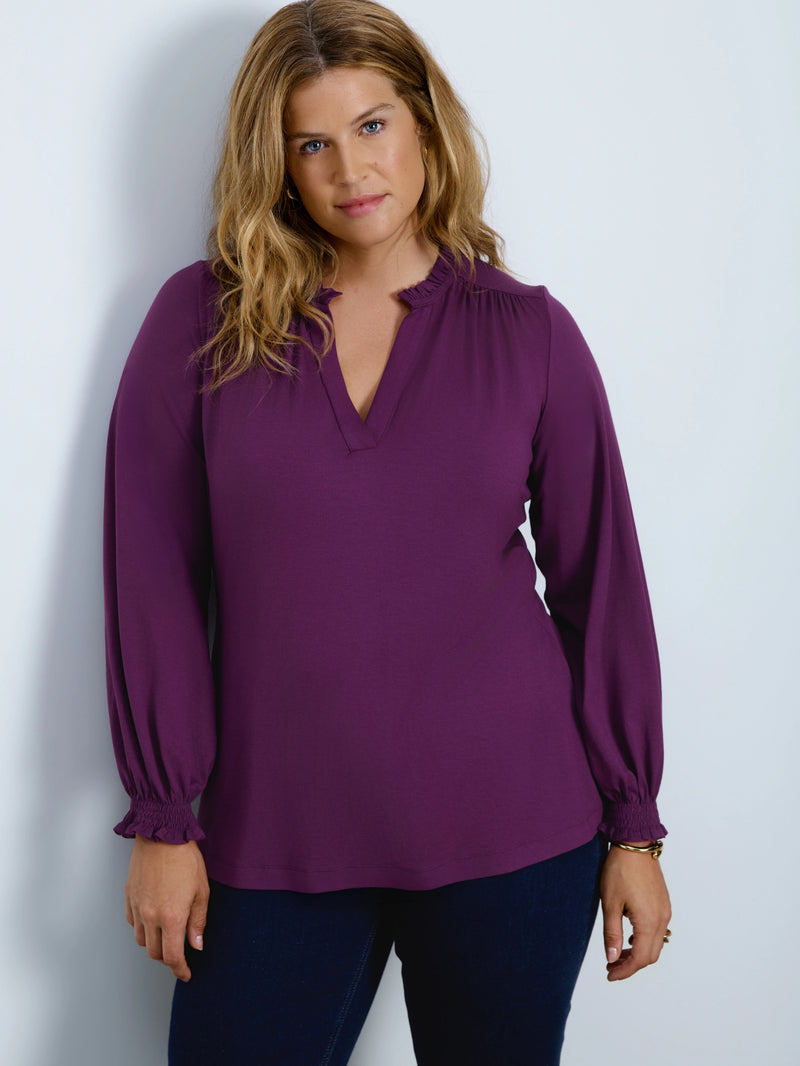 Purple Jersey Ruffle Neck Long Sleeve Blouse