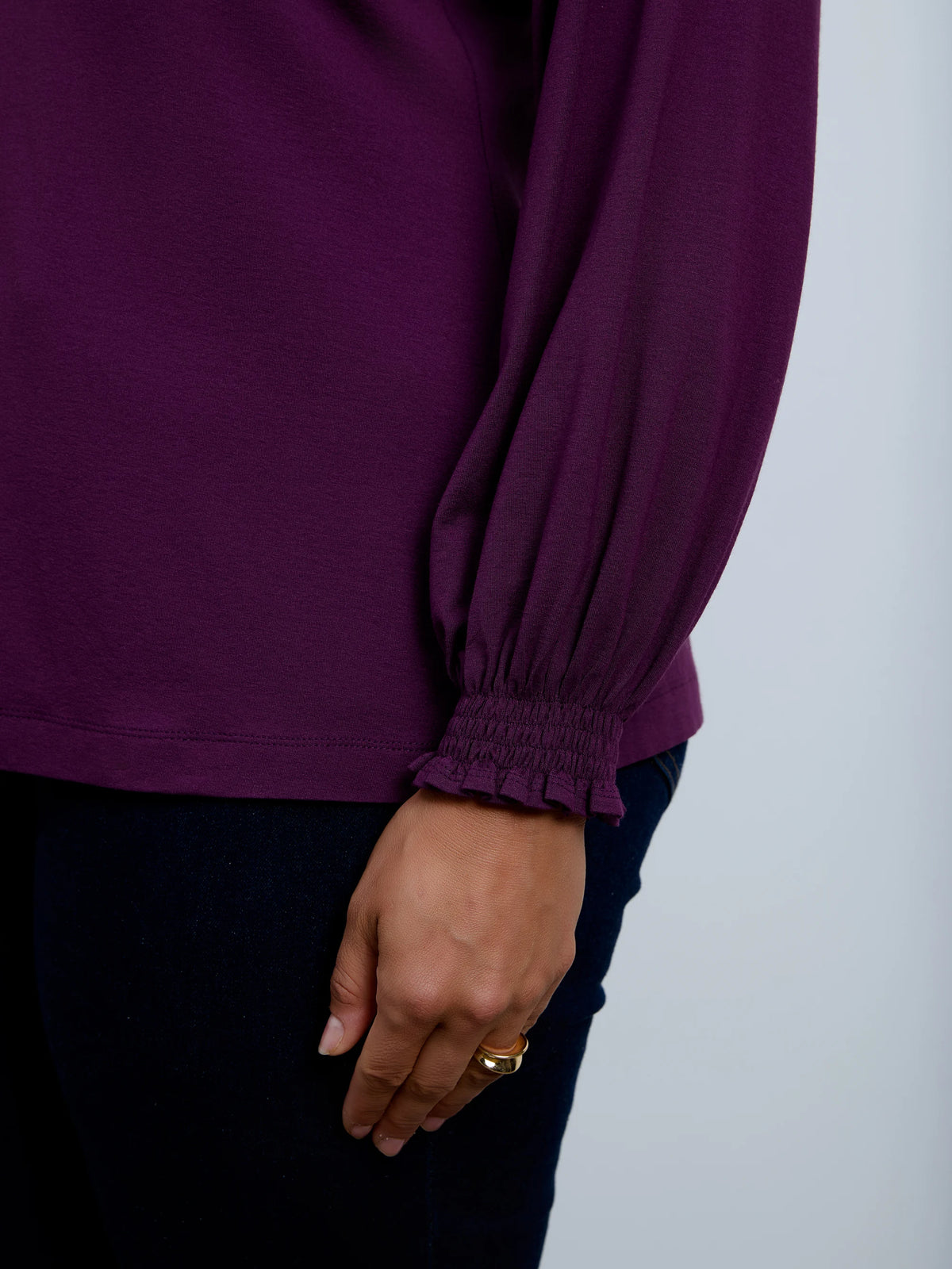 Purple Jersey Ruffle Neck Long Sleeve Blouse
