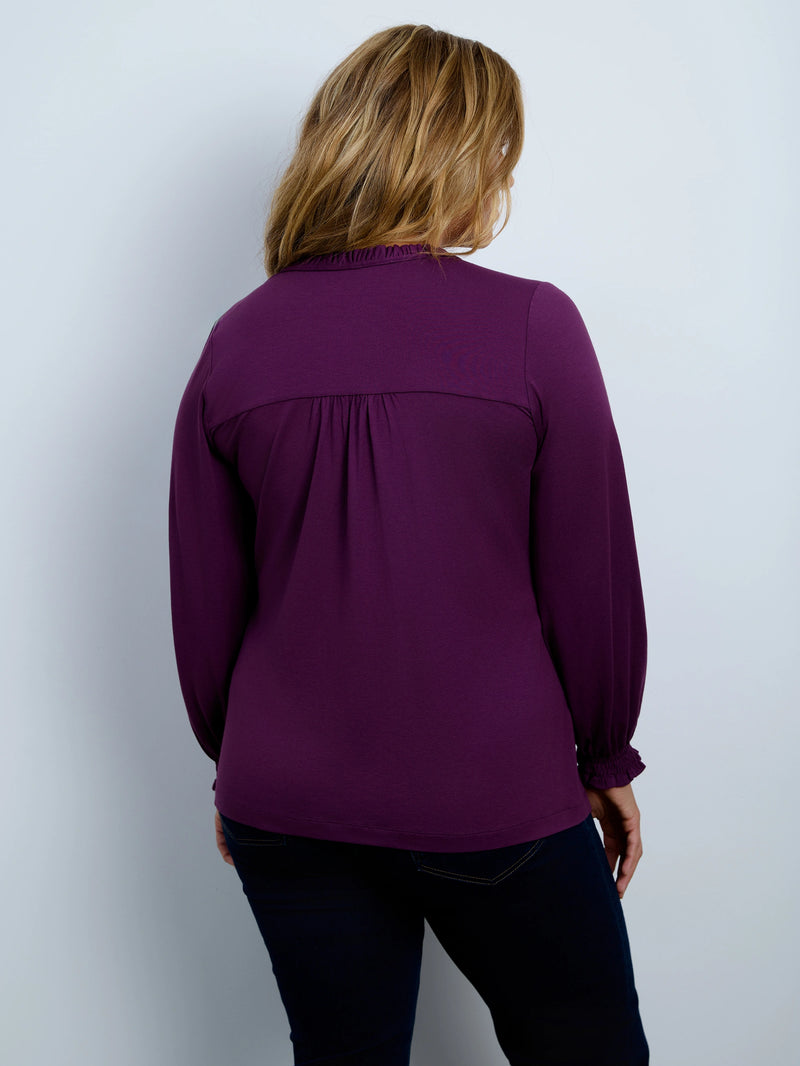Purple Jersey Ruffle Neck Long Sleeve Blouse