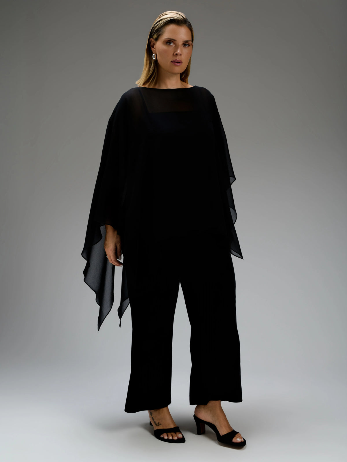 Black Asymmetric Sheer Cape With Detachable Cami Top