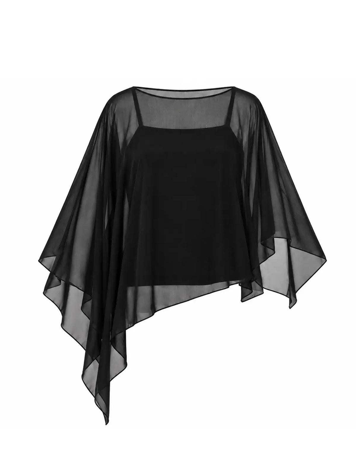 Black Asymmetric Sheer Cape With Detachable Cami Top