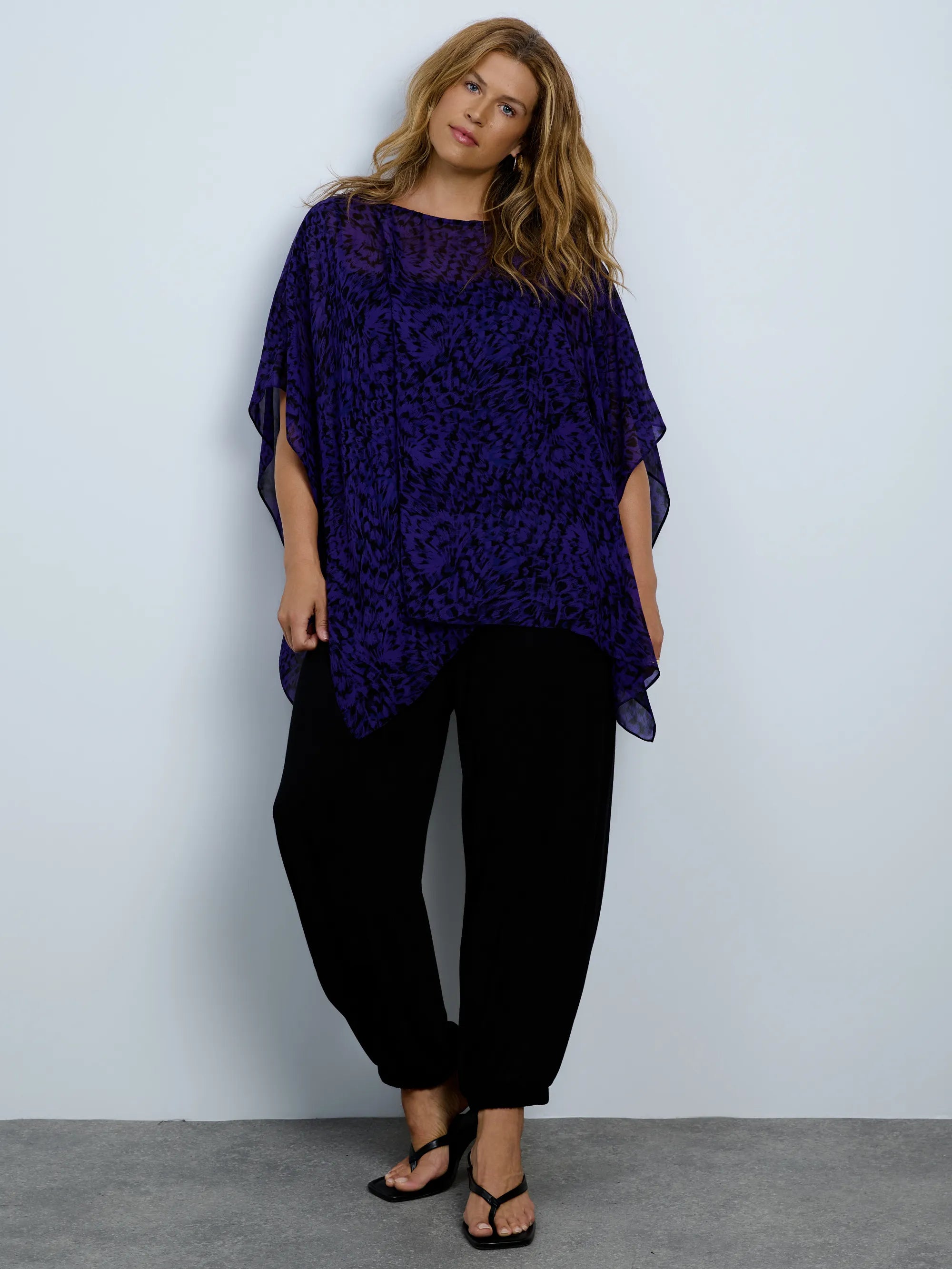 Purple abstract print chiffon overlay top with cami.