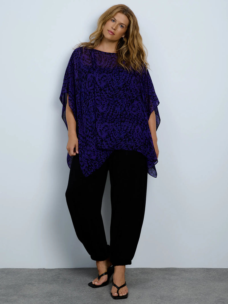 Purple abstract print chiffon overlay top with cami.
