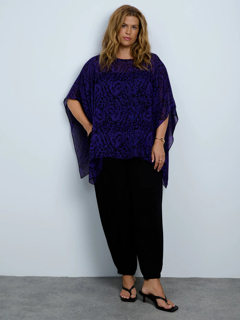 Purple abstract print chiffon overlay top with cami.