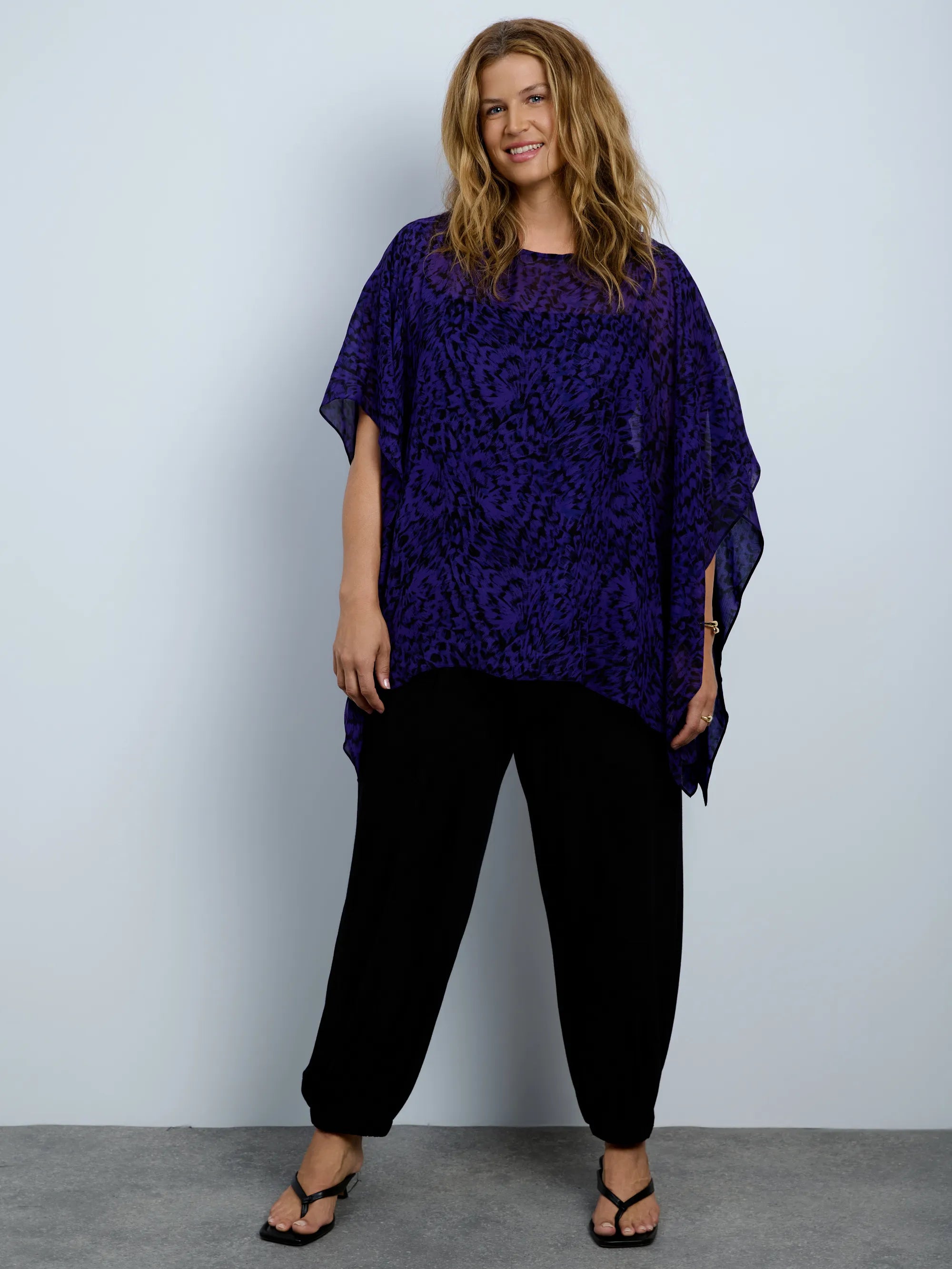 Purple abstract print chiffon overlay top with cami.