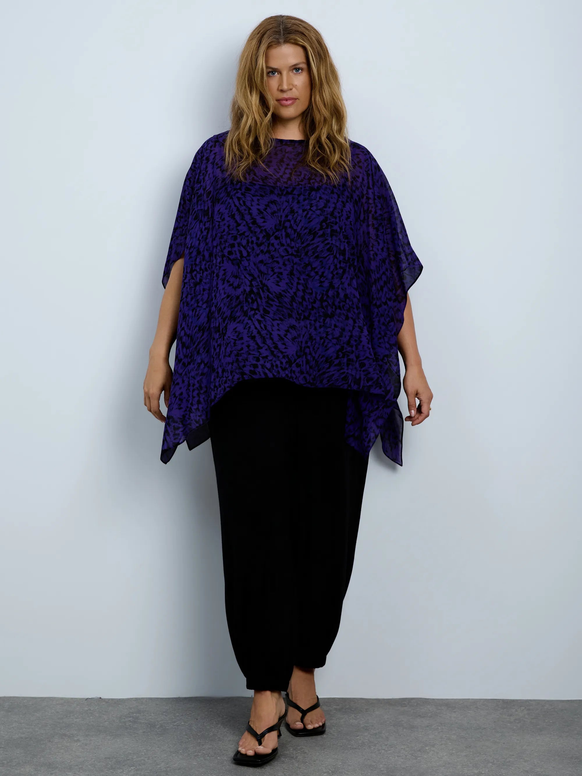 Purple abstract print chiffon overlay top with cami.