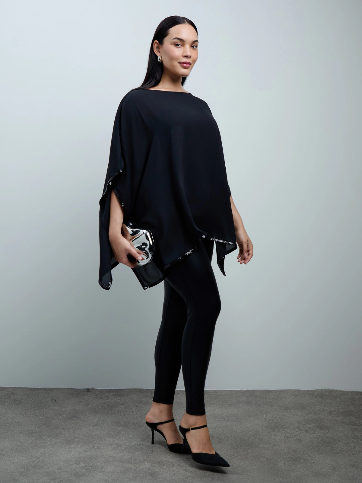Black Sequin Trim Cape Overlay With Detachable Cami