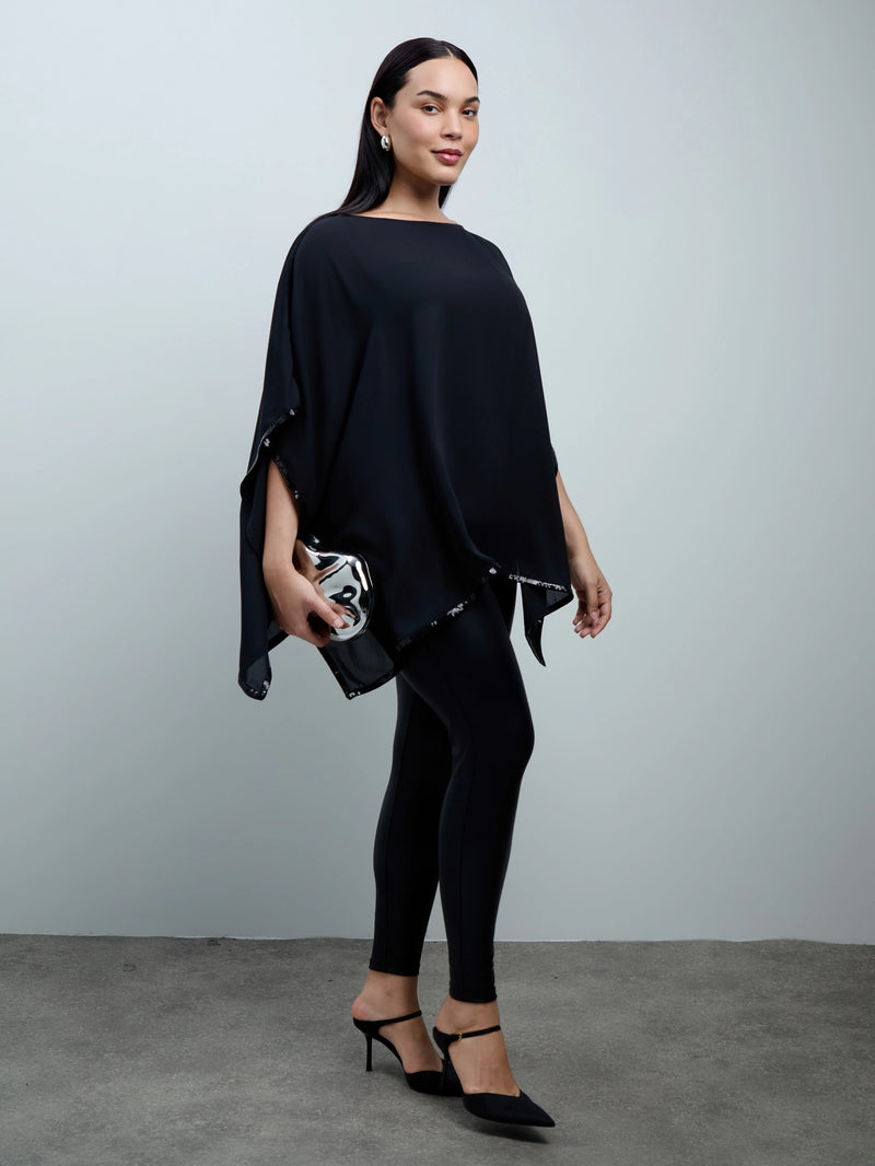 Black Sequin Trim Cape Overlay With Detachable Cami