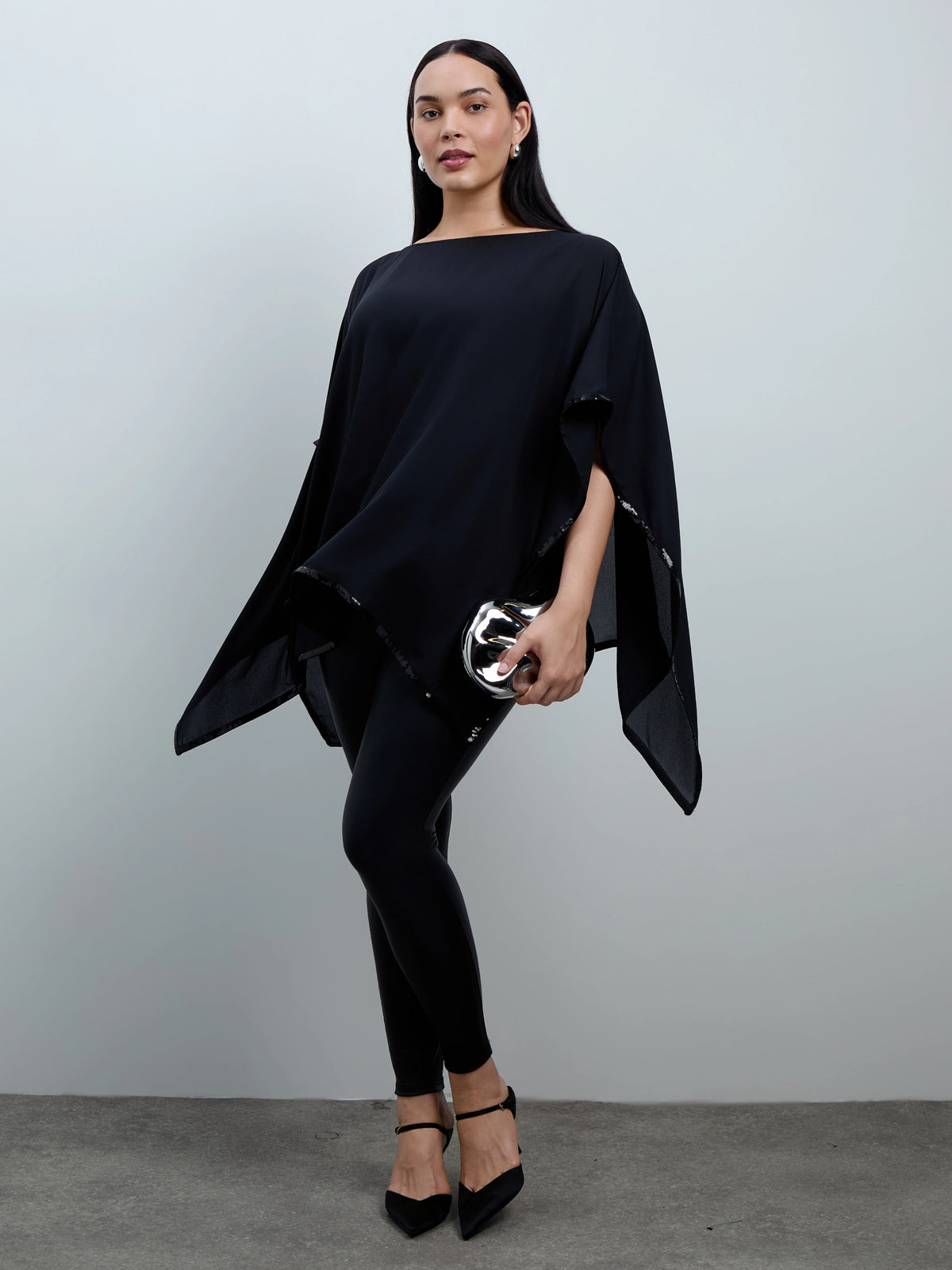Black Sequin Trim Cape Overlay With Detachable Cami