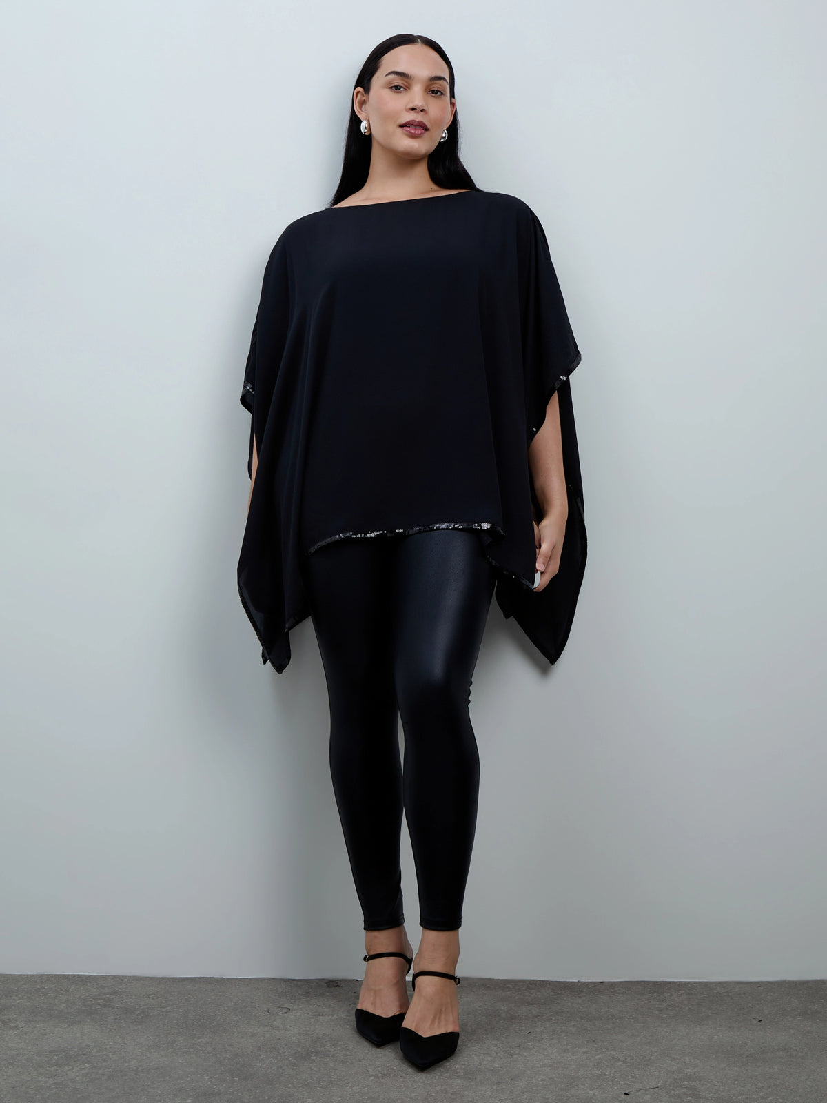 Black Sequin Trim Cape Overlay With Detachable Cami