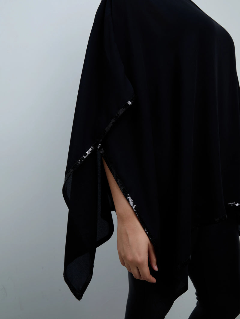 Black Sequin Trim Cape Overlay With Detachable Cami