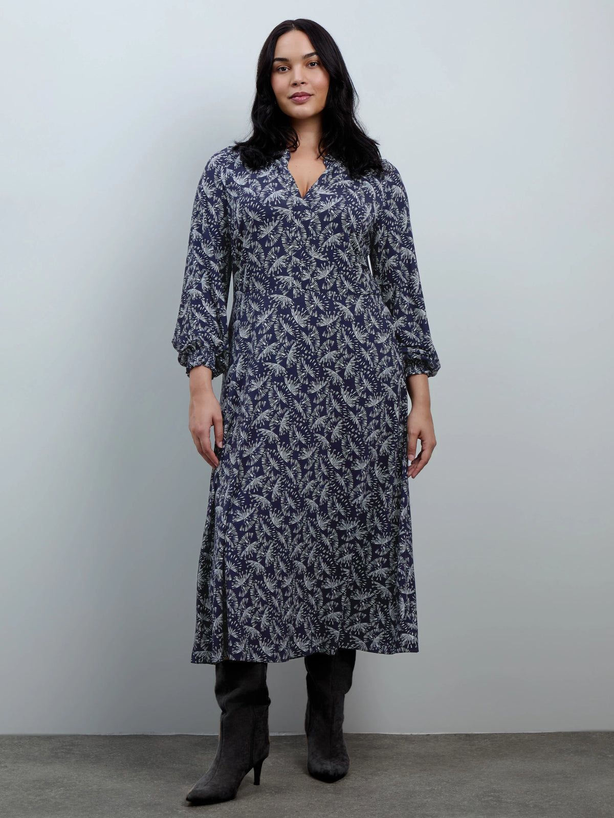 Navy Fan Print Jersey Neck Frill Midaxi Dress