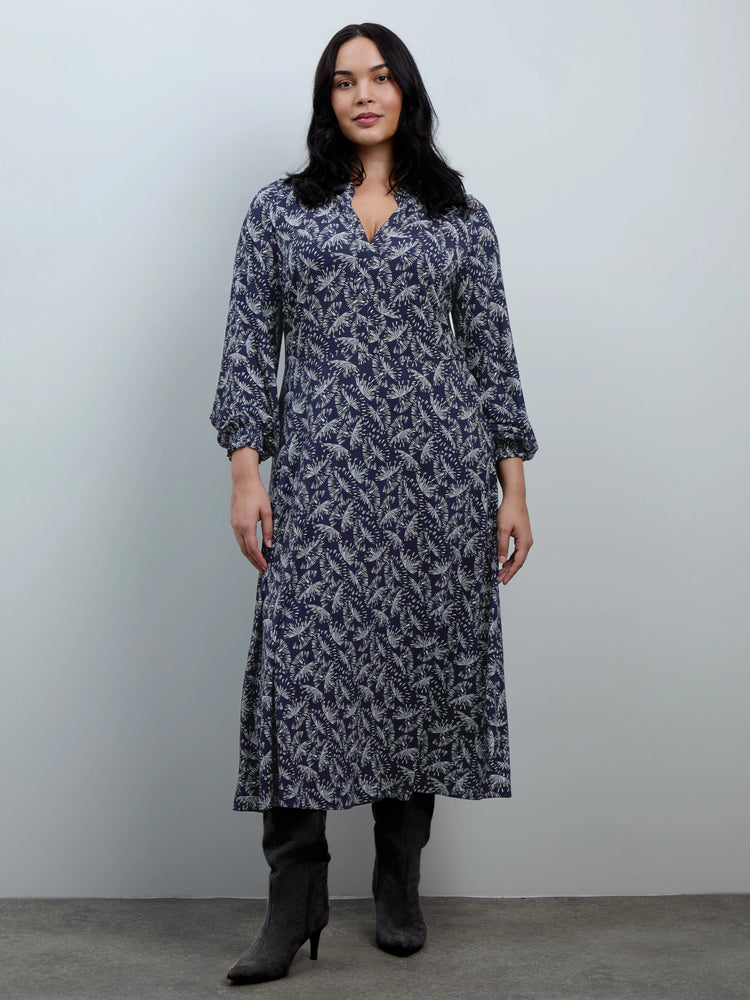 Petite Navy Fan Print Jersey Neck Frill Midaxi Dress