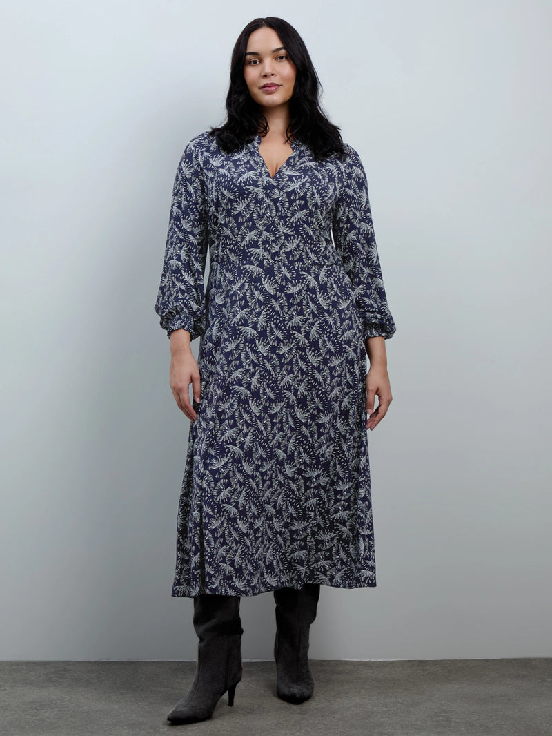 Petite Navy Fan Print Jersey Neck Frill Midaxi Dress