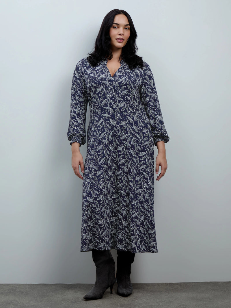 Petite Navy Fan Print Jersey Neck Frill Midaxi Dress