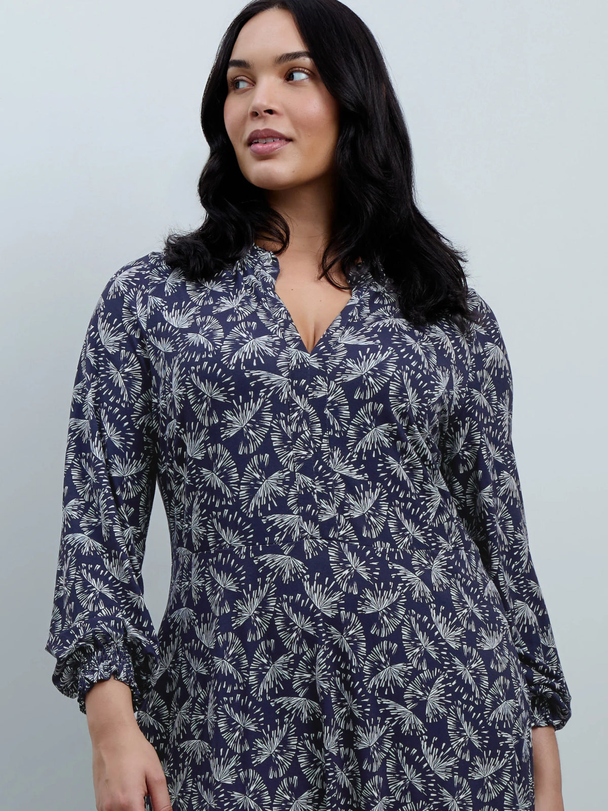 Navy Fan Print Jersey Neck Frill Midaxi Dress