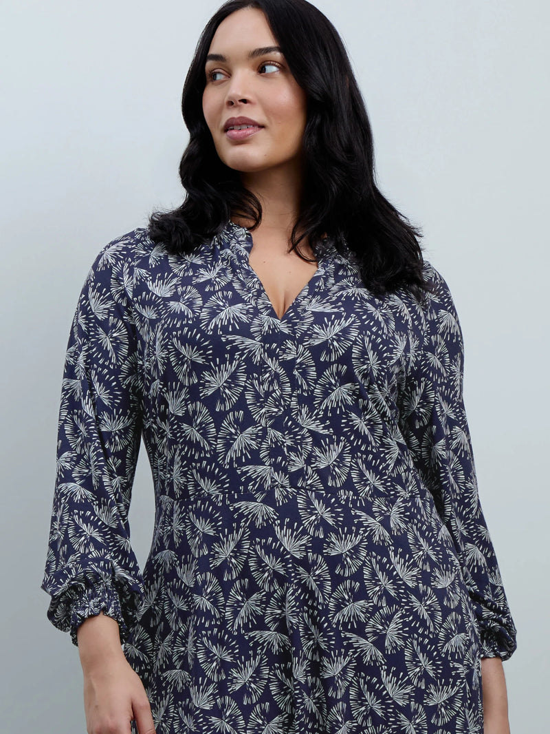 Petite Navy Fan Print Jersey Neck Frill Midaxi Dress