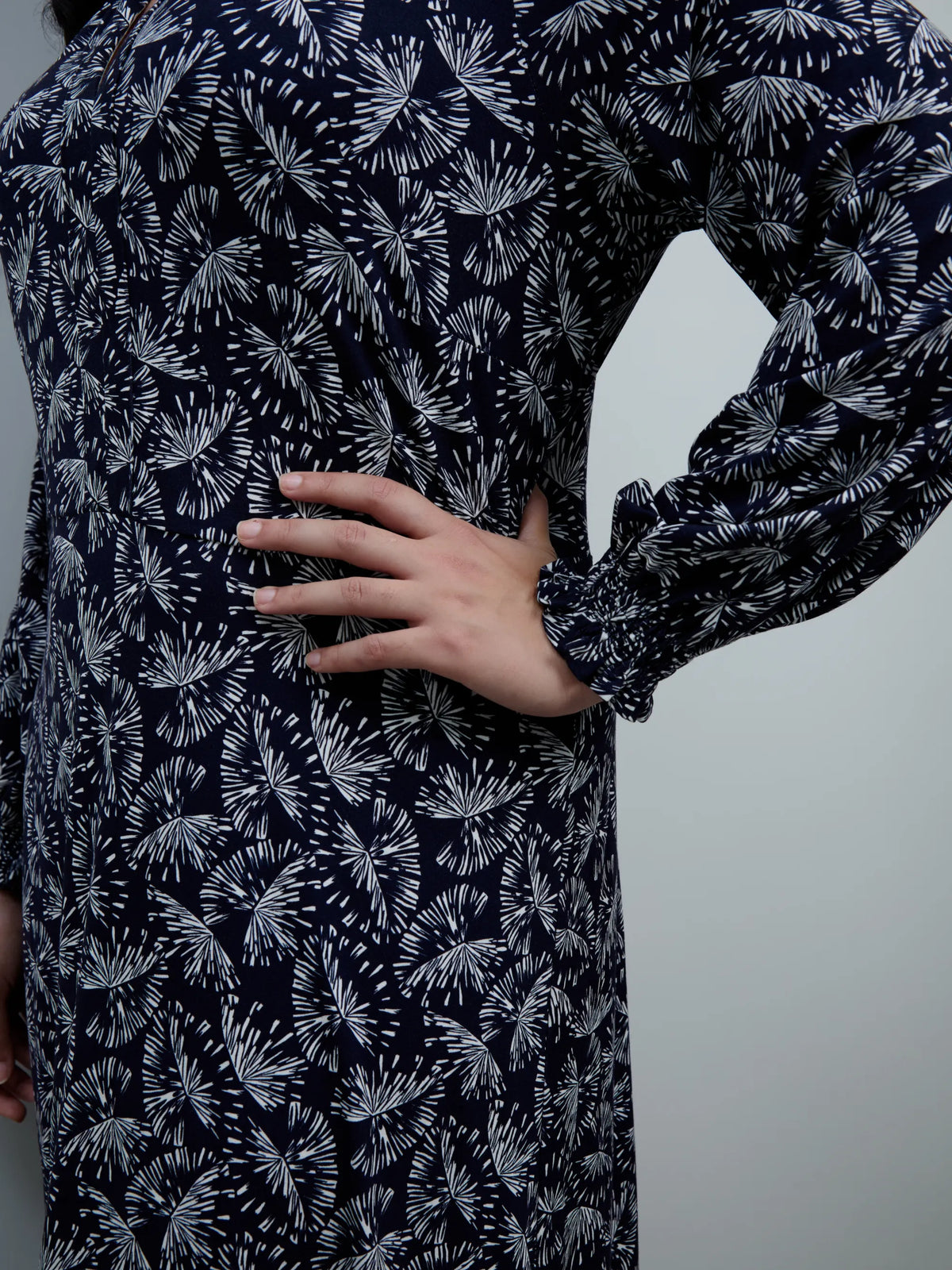 Navy Fan Print Jersey Neck Frill Midaxi Dress