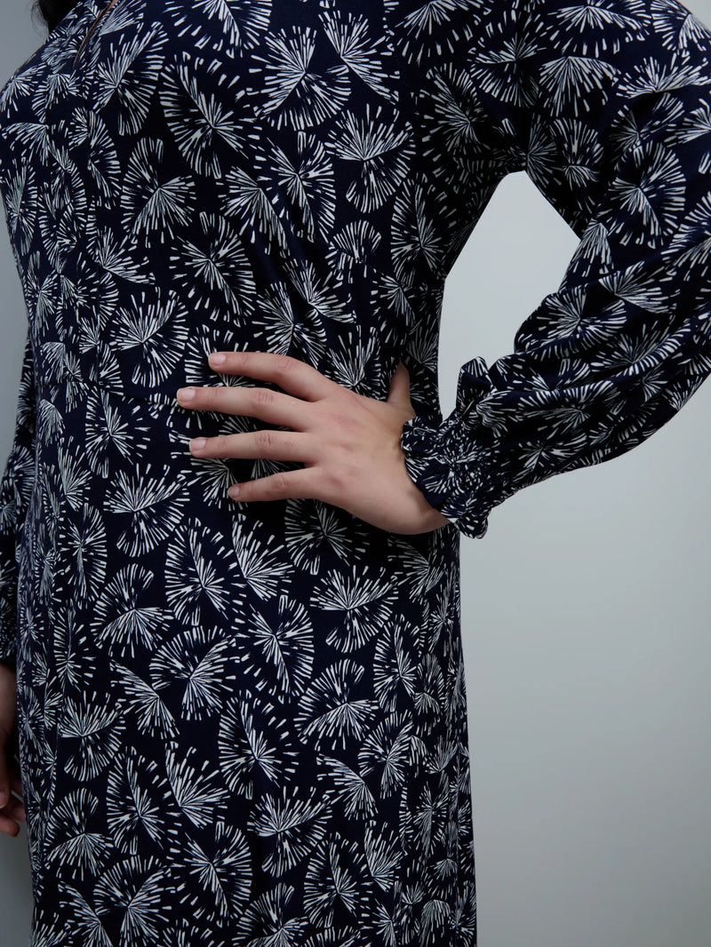 Petite Navy Fan Print Jersey Neck Frill Midaxi Dress