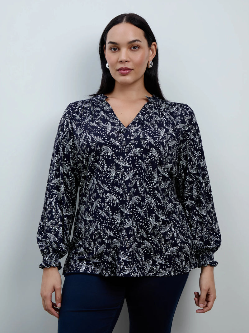 Navy Fan Print Jersey Ruffle Neck Long Sleeve Blouse