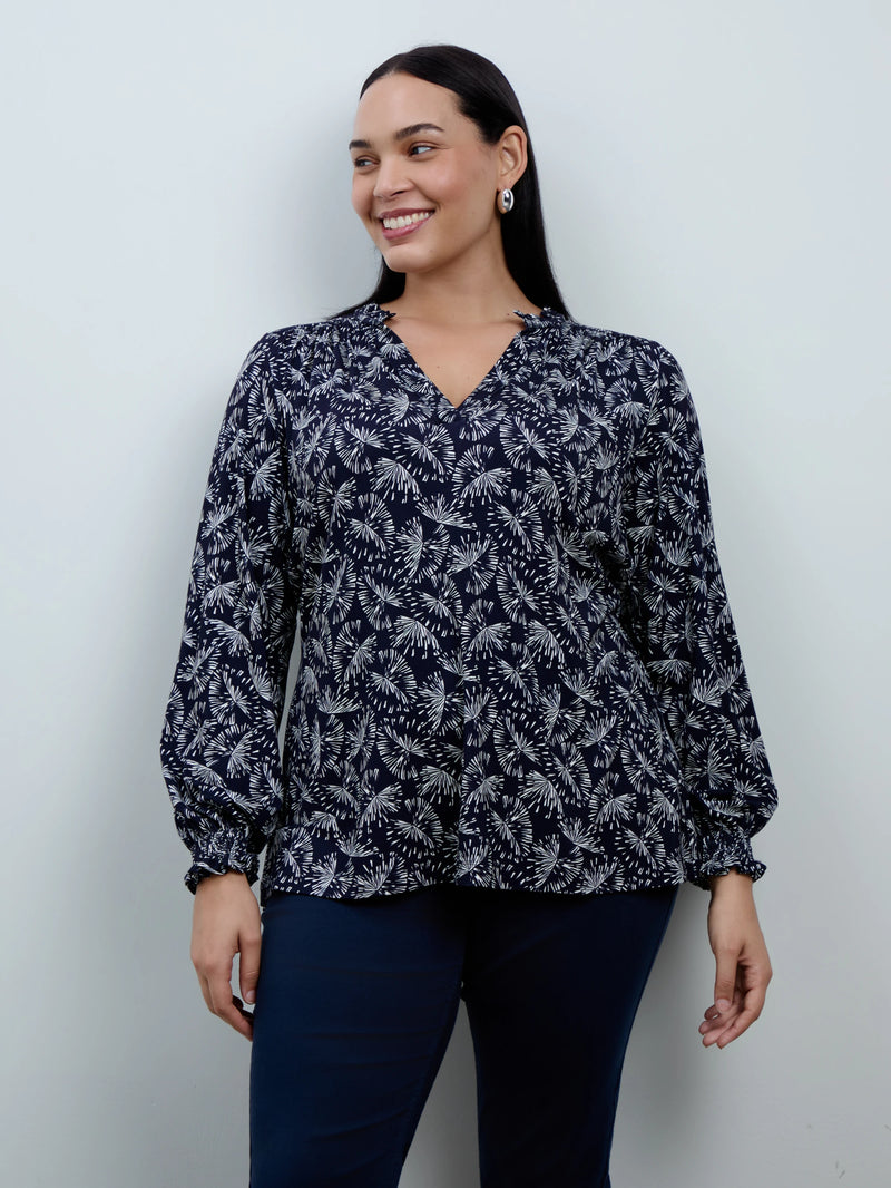 Navy Fan Print Jersey Ruffle Neck Long Sleeve Blouse