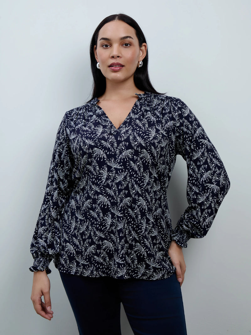 Navy Fan Print Jersey Ruffle Neck Long Sleeve Blouse