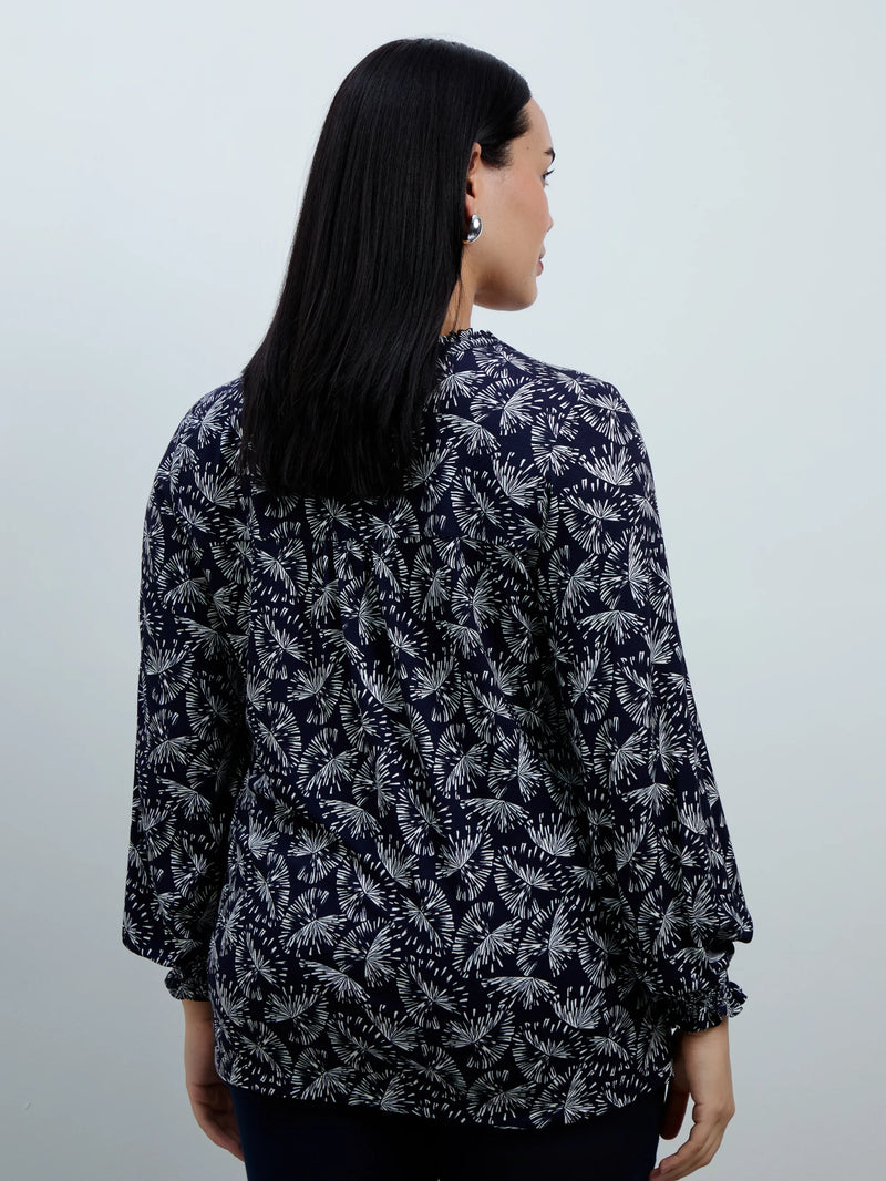 Navy Fan Print Jersey Ruffle Neck Long Sleeve Blouse