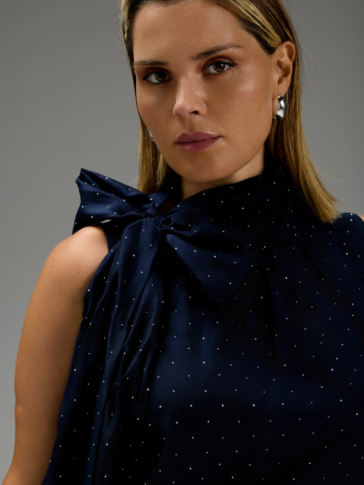 Navy Hotfix Tie Neck Sleeveless Blouse
