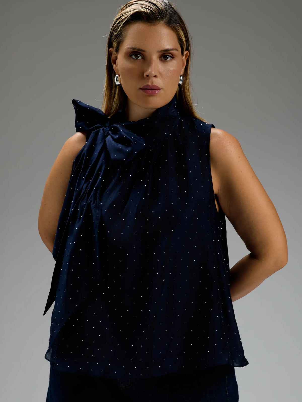 Navy Hotfix Tie Neck Sleeveless Blouse