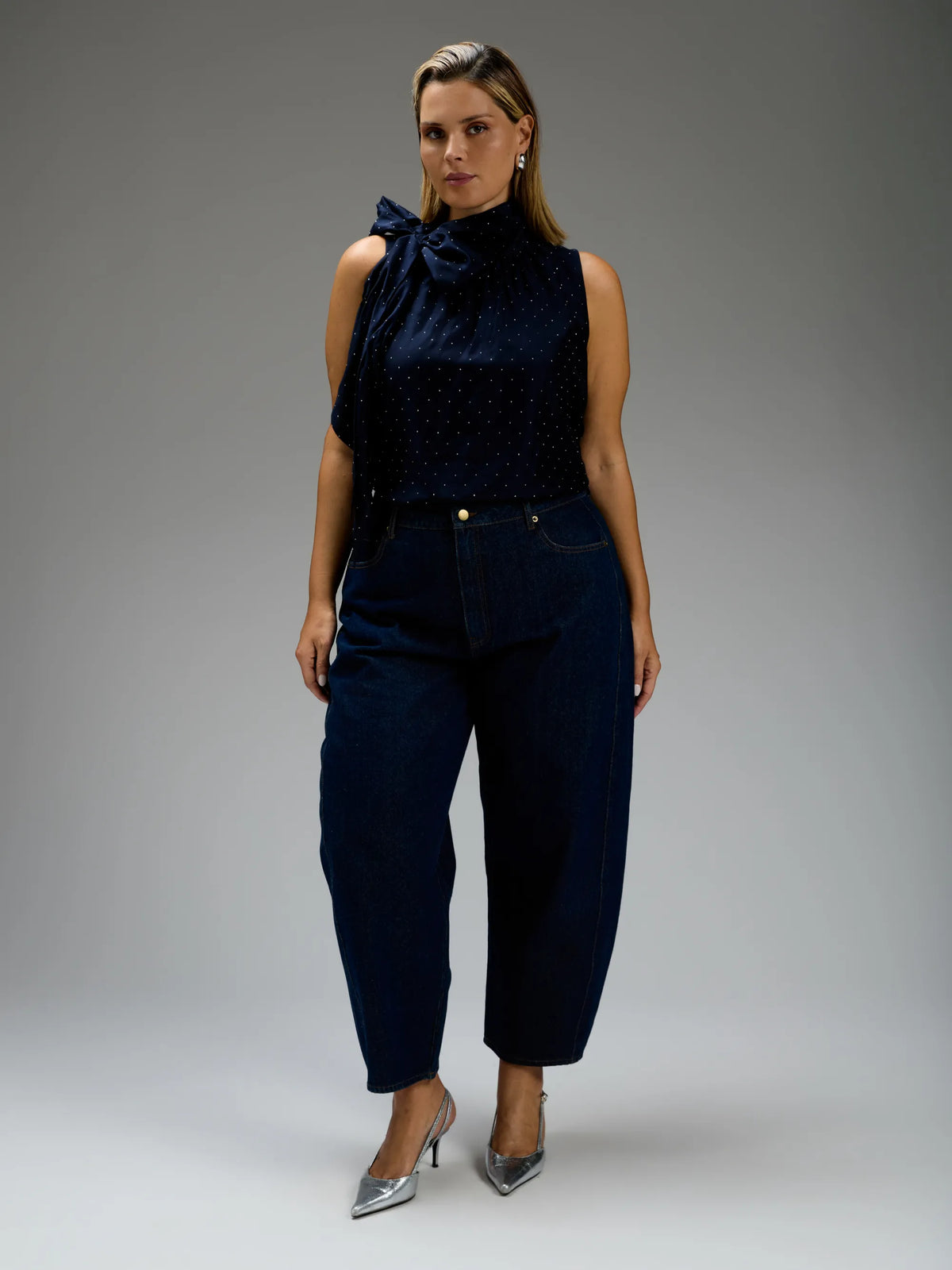 Navy Hotfix Tie Neck Sleeveless Blouse