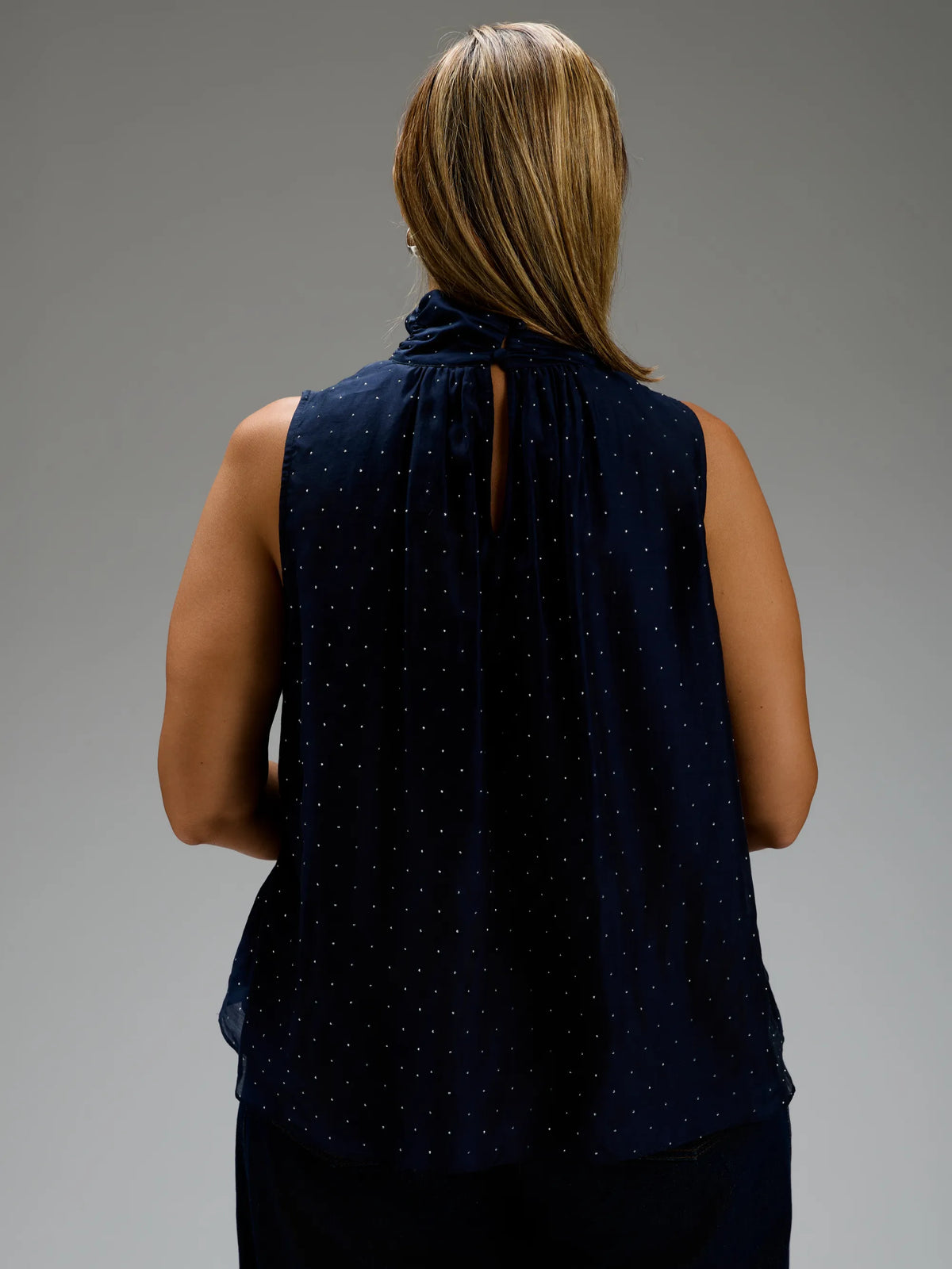 Navy Hotfix Tie Neck Sleeveless Blouse