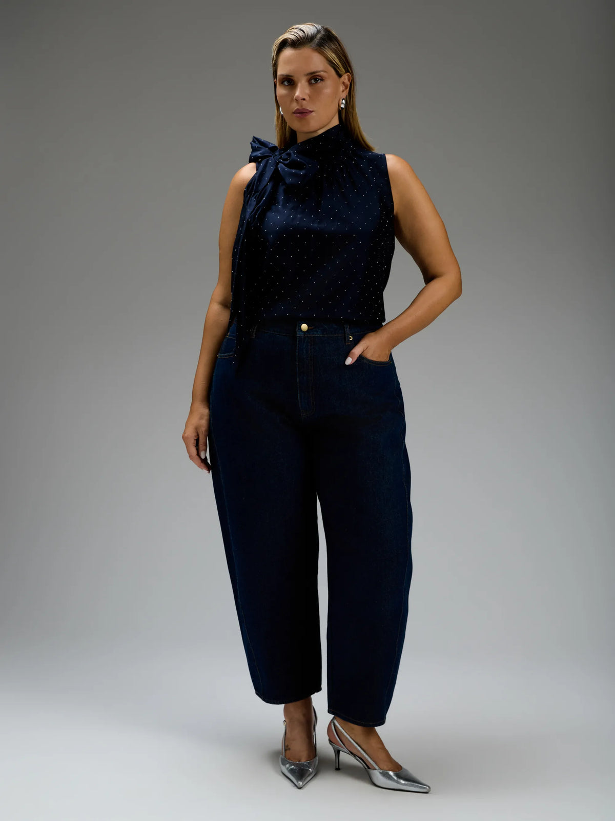 Navy Hotfix Tie Neck Sleeveless Blouse