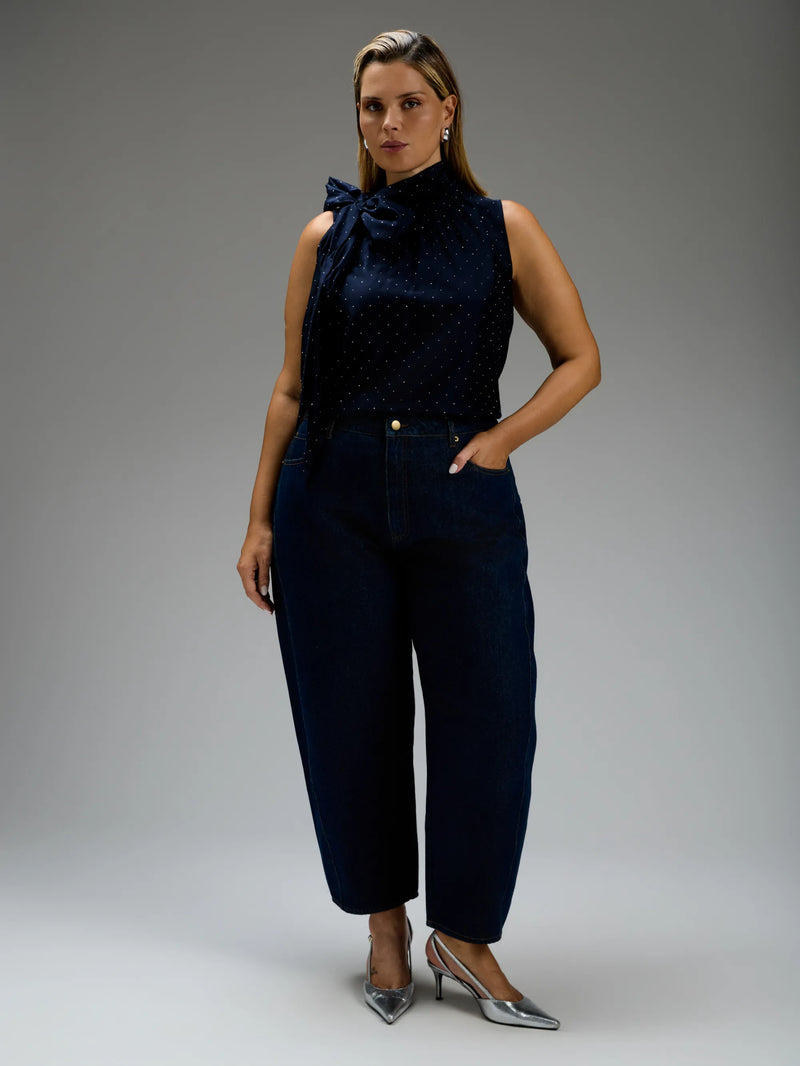 Navy Hotfix Tie Neck Sleeveless Blouse