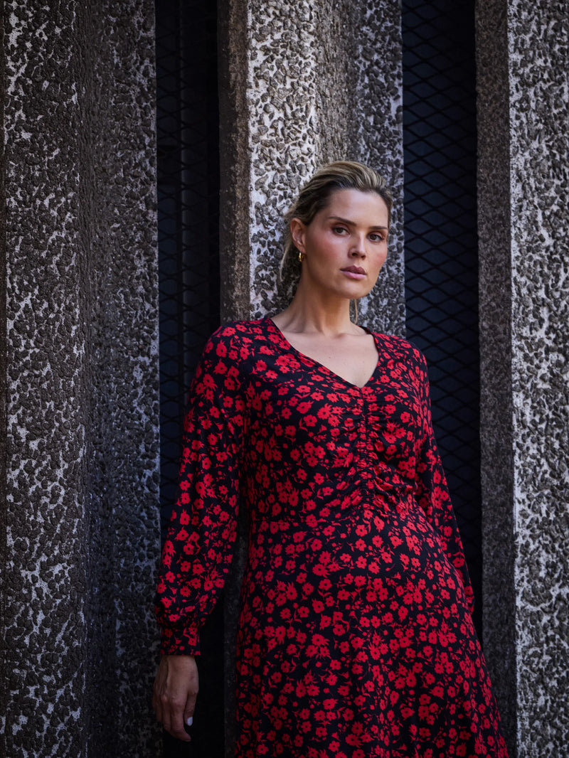 Red Ditsy Jersey V Neck Ruched Dress