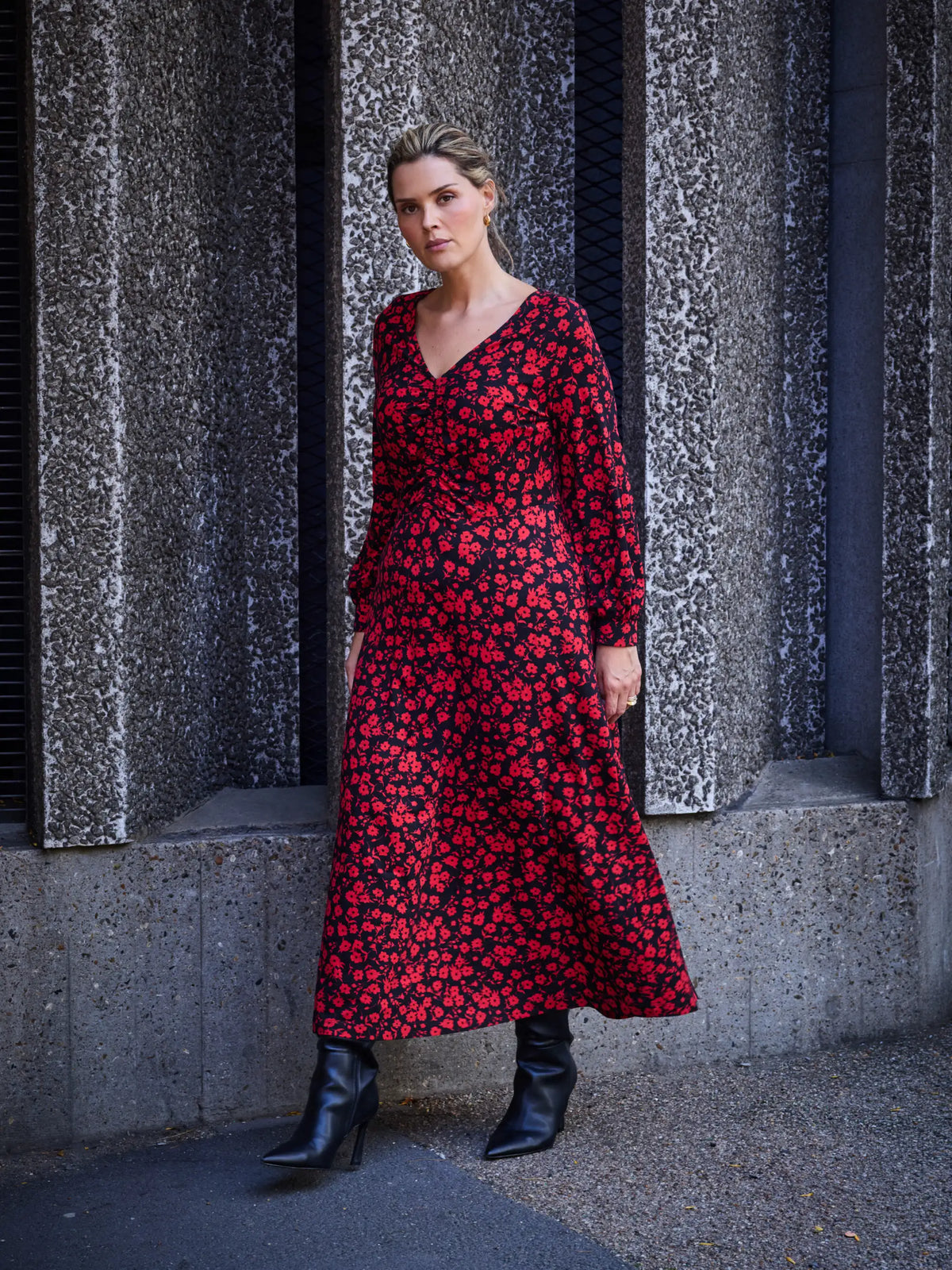 Red Ditsy Jersey V Neck Ruched Dress