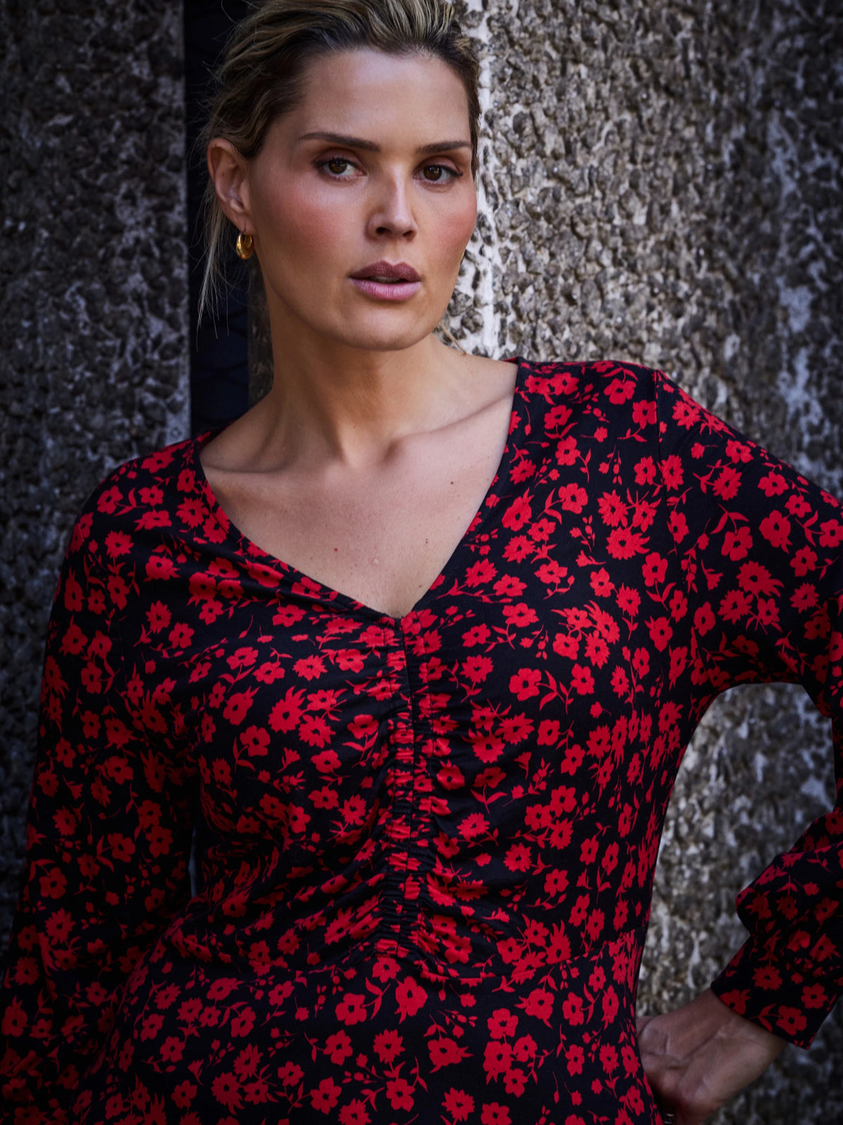 Red Ditsy Jersey V Neck Ruched Dress