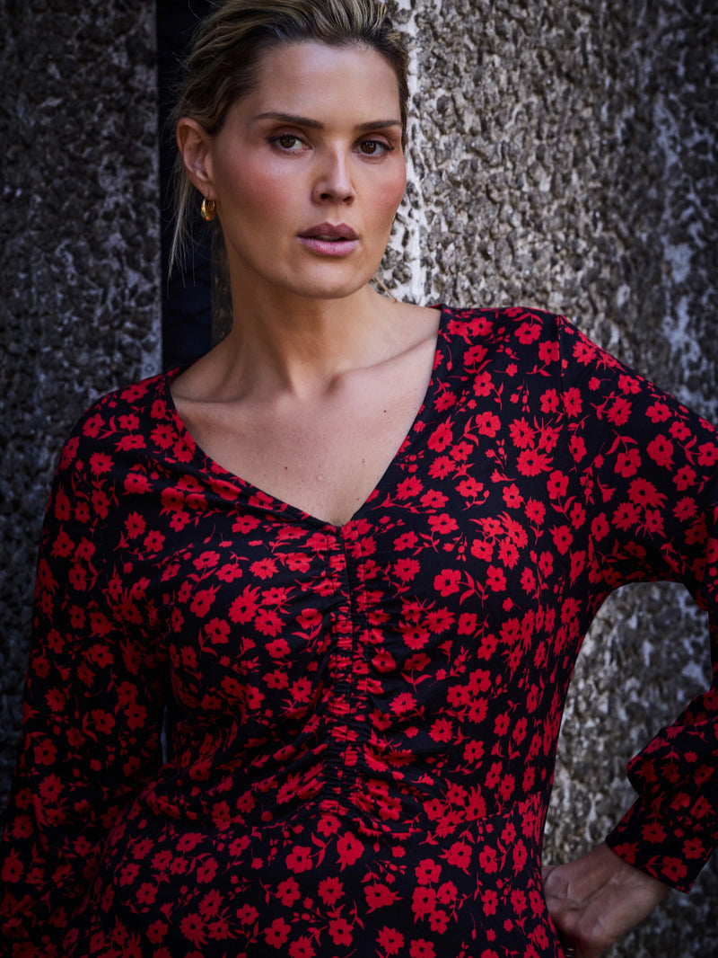 Red Ditsy Jersey V Neck Ruched Dress