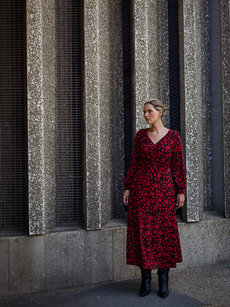 Red Ditsy Jersey V Neck Ruched Dress