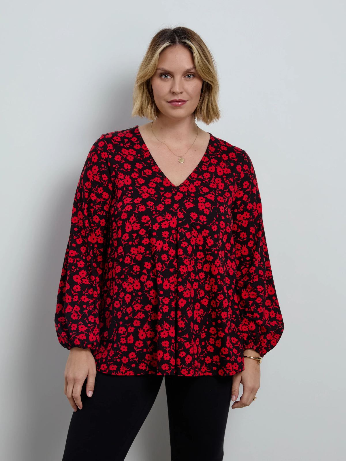Red Ditsy Print V Neck Long Sleeve Blouse