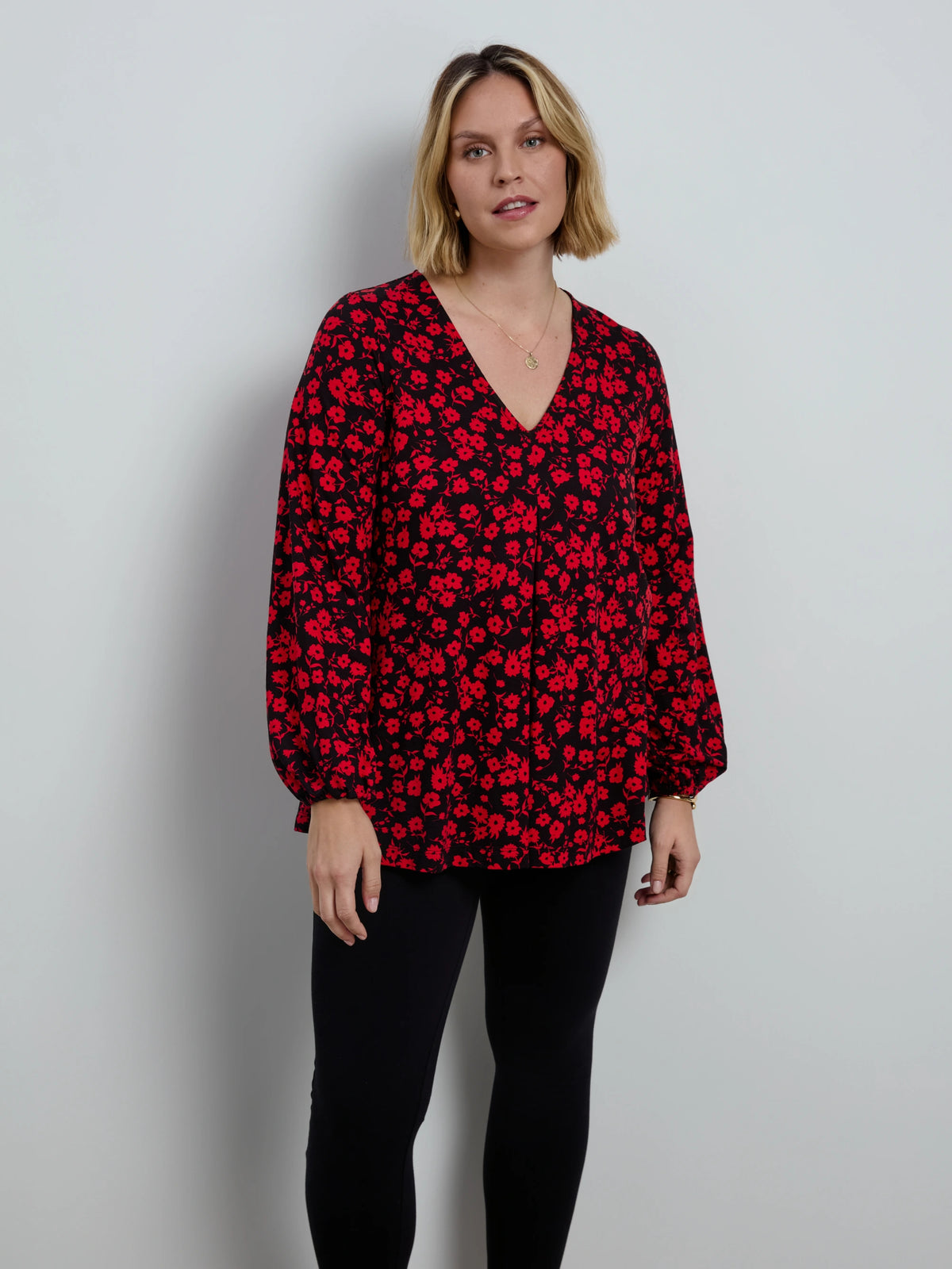 Red Ditsy Print V Neck Long Sleeve Blouse