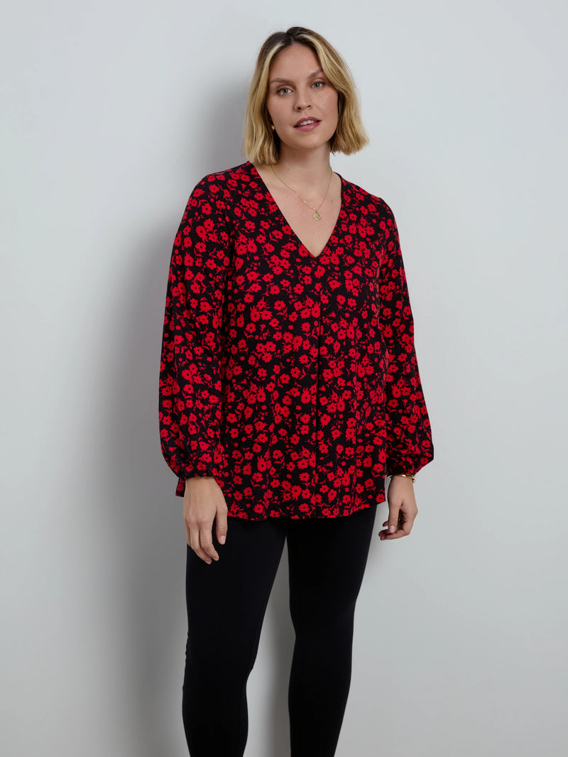 Red Ditsy Print V Neck Long Sleeve Blouse