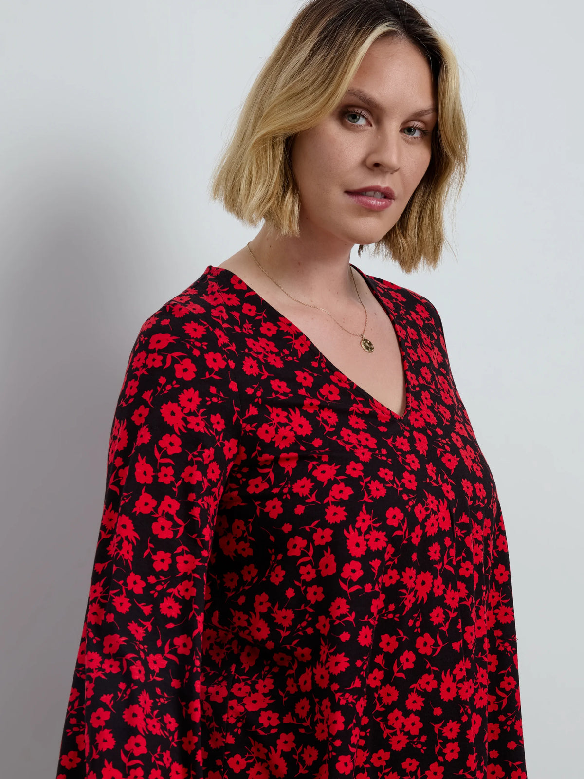 Red Ditsy Print V Neck Long Sleeve Blouse