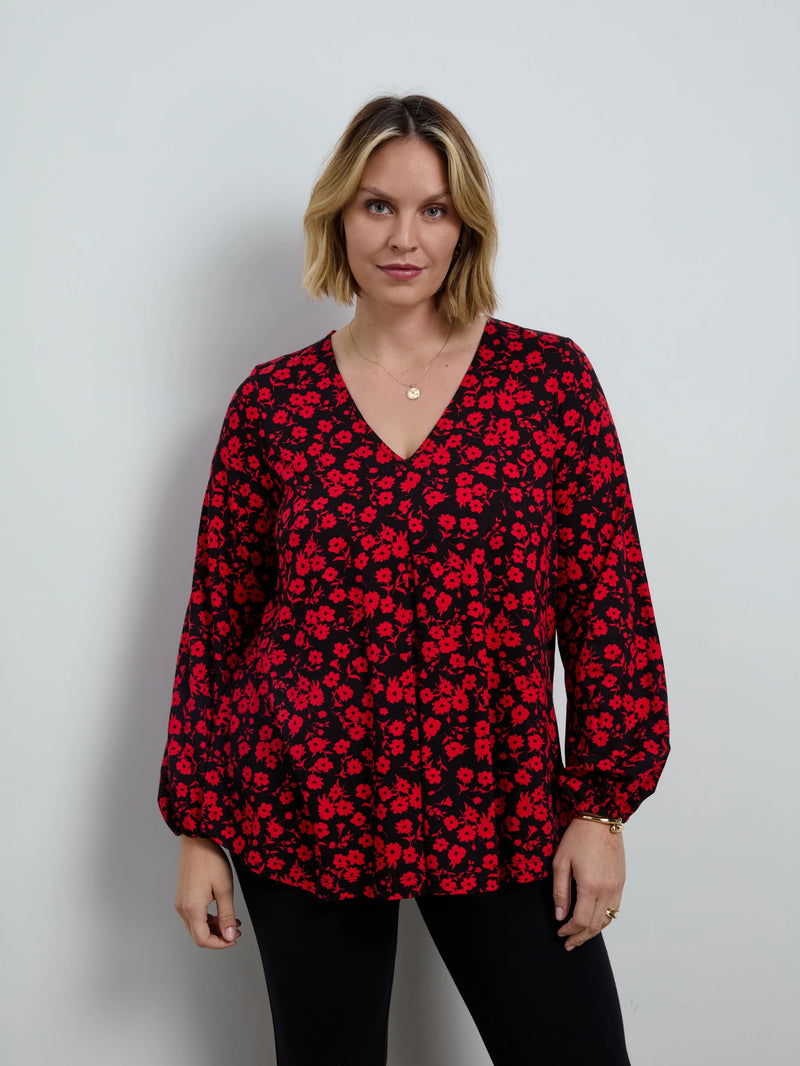 Red Ditsy Print V Neck Long Sleeve Blouse