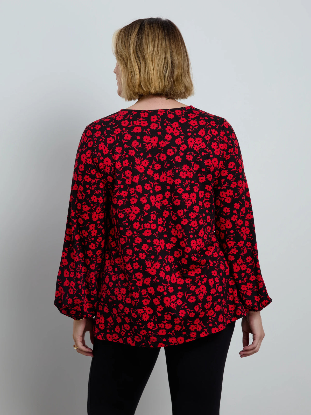 Red Ditsy Print V Neck Long Sleeve Blouse