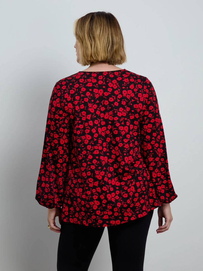 Red Ditsy Print V Neck Long Sleeve Blouse