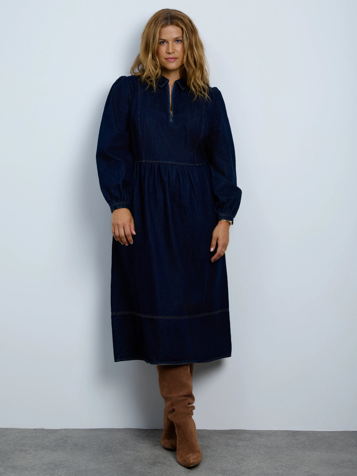 Denim Seamed Quater Zip Midaxi Dress